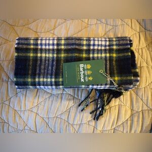 Barbour Blue and Yellow Plaid Tartan 100% Wool Scarf NWT
